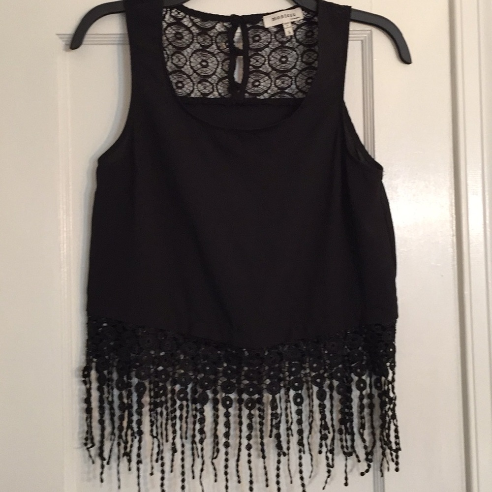 Anthropologie Monteau Top Black Fringe Sz S - Picture 1 of 7